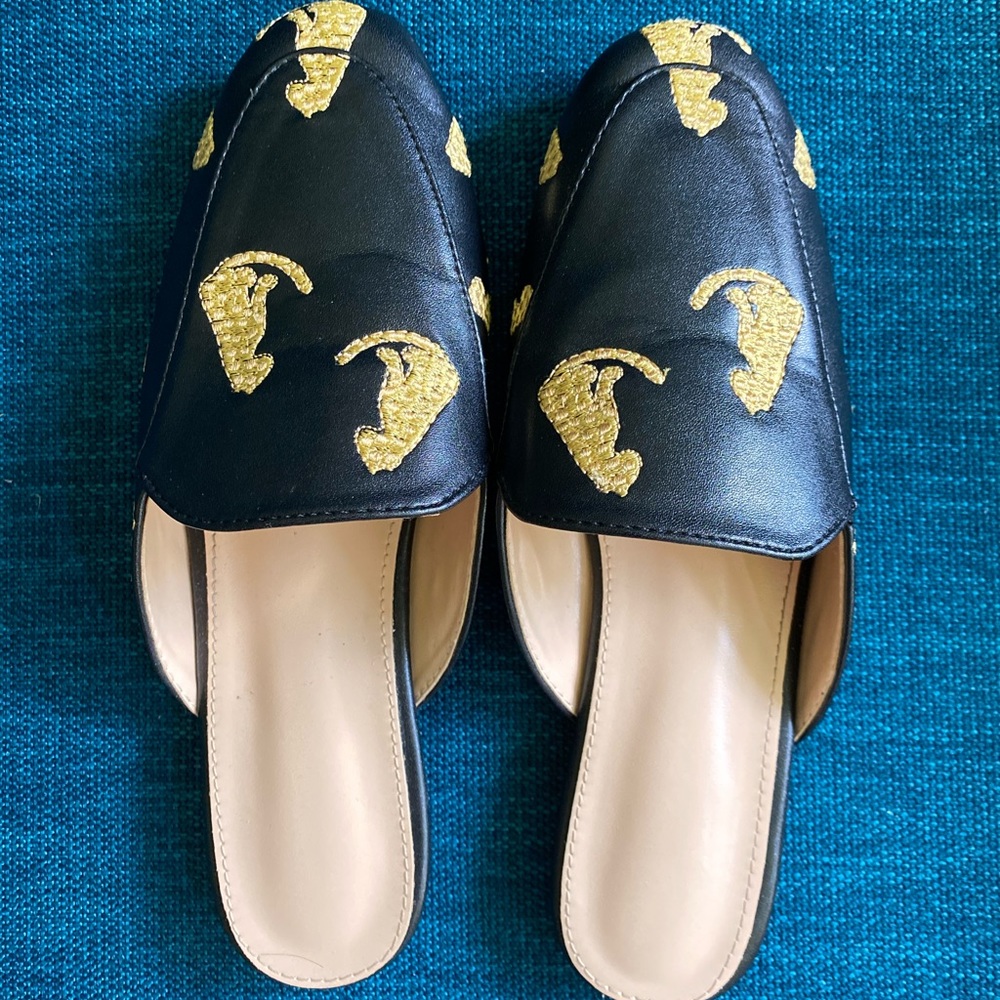 Comfortable Black Mules with gold Jaguars